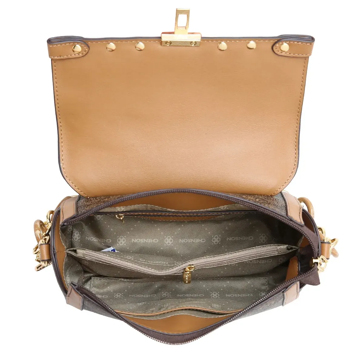 Interior da bolsa tiracolo Chenson com divisórias e bolso com zíper